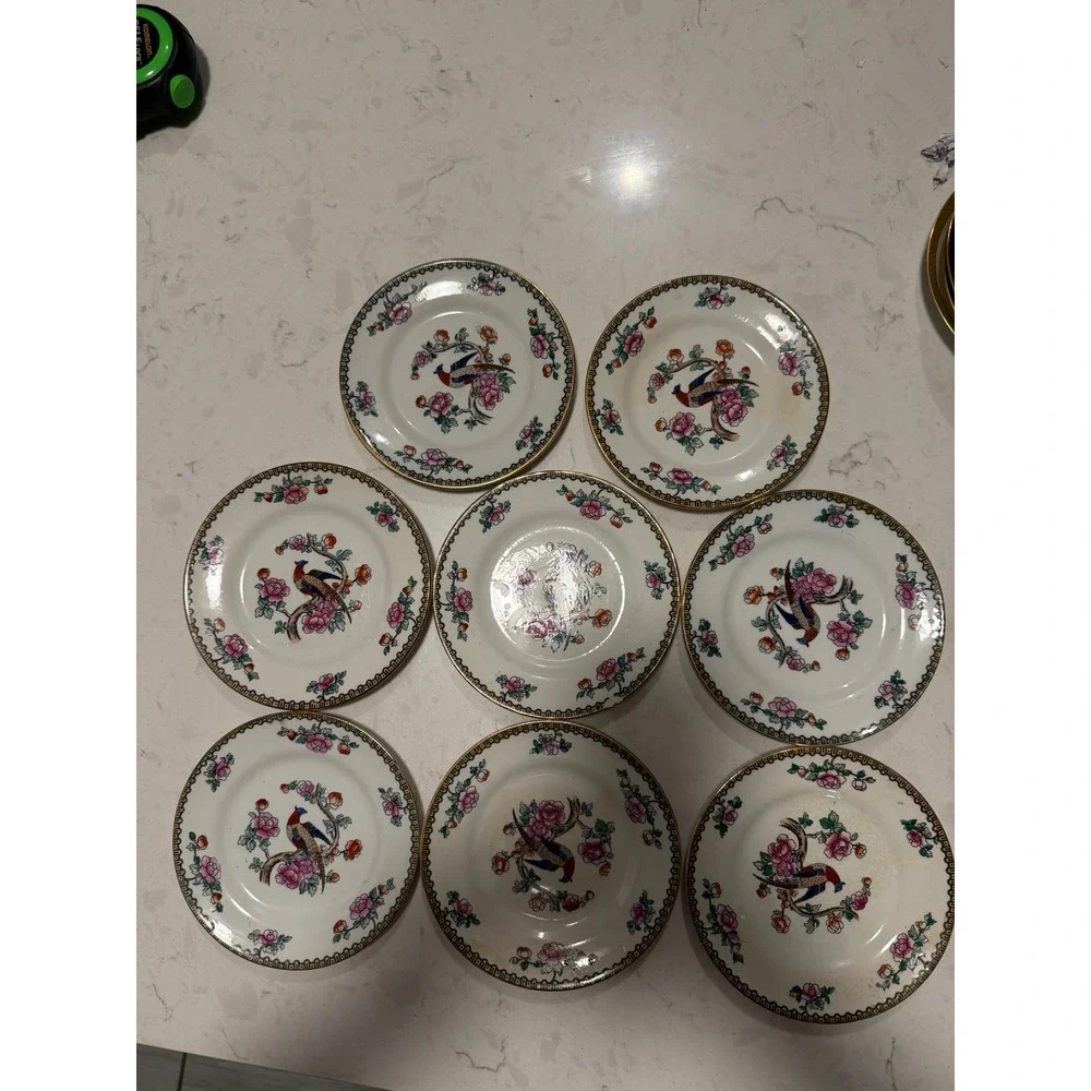 Whieldon Ware Pheasant Plates F Winkle Co England Vintage Set of 8 Floral 6.25in